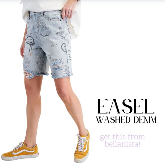Easel Washed Denim Jean Shorts with Floral Print - Picture 4 of 5